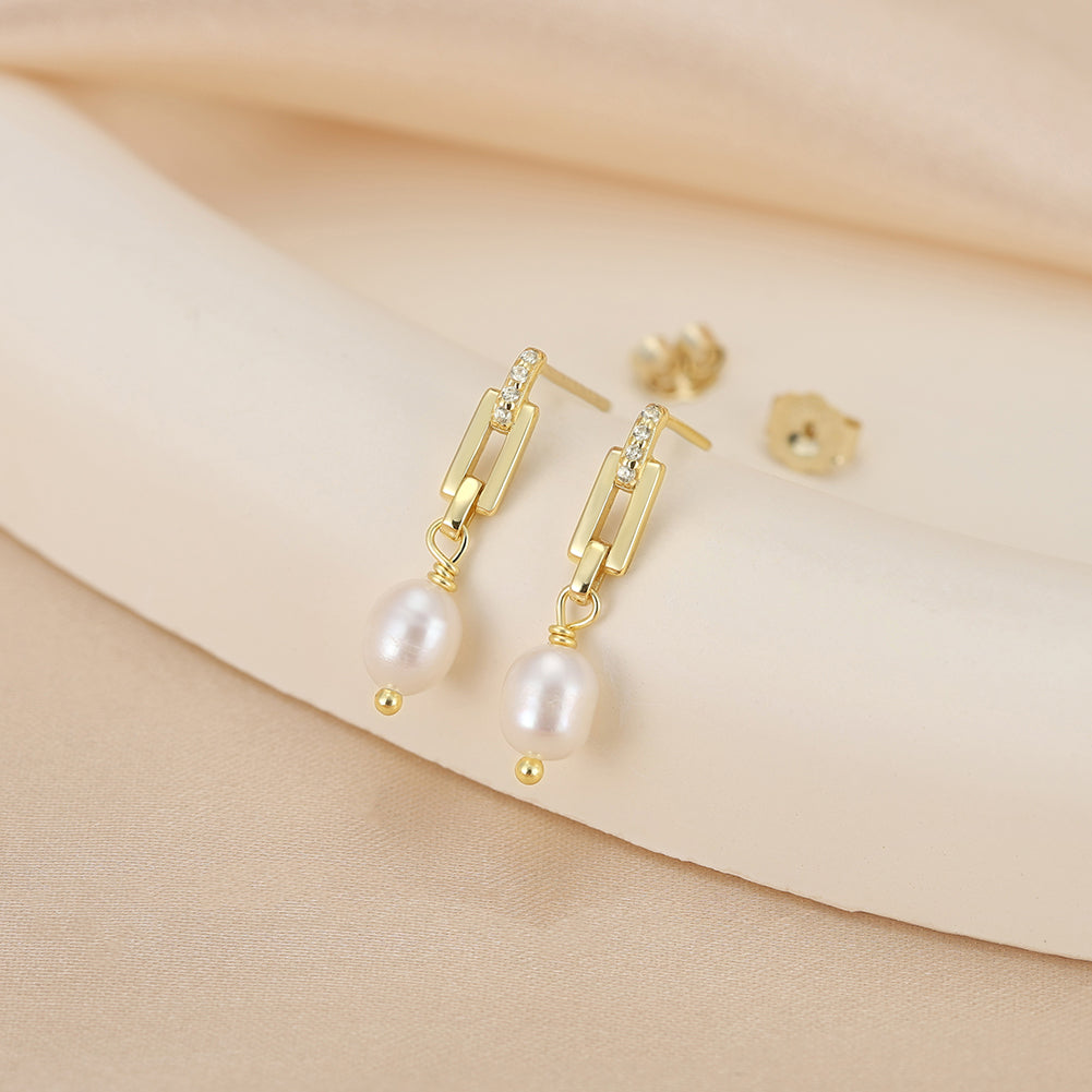 Cultured Freashwater Pearl 14K Gold Plated 925 Sterling Silver Zircon Buckle Earrings