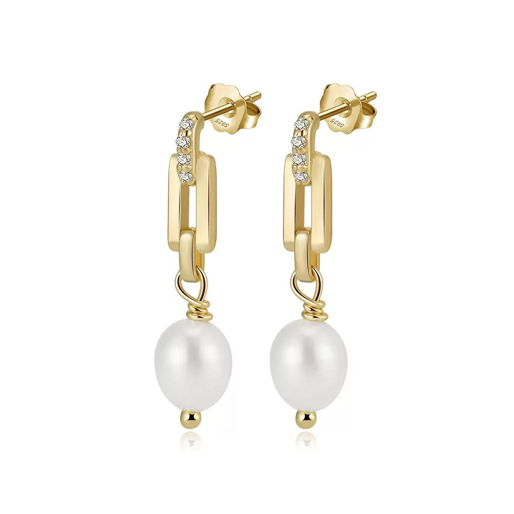 Cultured Freashwater Pearl 14K Gold Plated 925 Sterling Silver Zircon Buckle Earrings