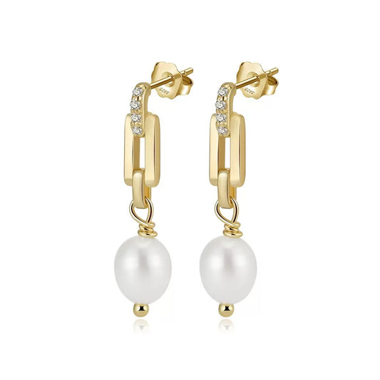 Cultured Freashwater Pearl 14K Gold Plated 925 Sterling Silver Zircon Buckle Earrings
