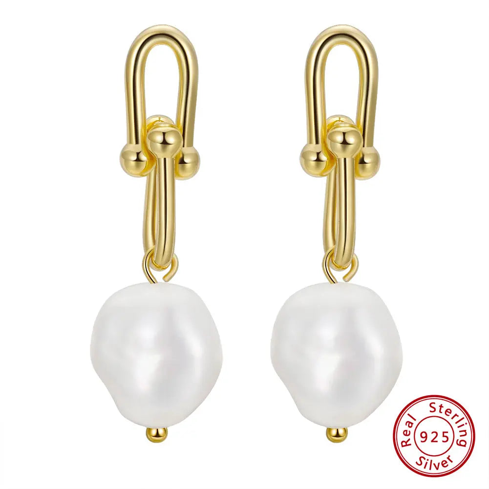 Cultured Freashwater Pear 14K Gold Plated 925 Sterling Silver Horseshoe Chain Baroque Earrings