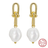 Cultured Freashwater Pear 14K Gold Plated 925 Sterling Silver Horseshoe Chain Baroque Earrings