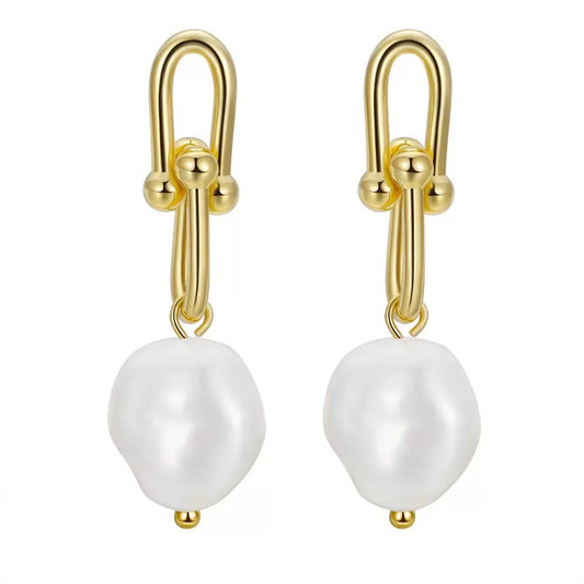 Cultured Freashwater Pear 14K Gold Plated 925 Sterling Silver Horseshoe Chain Baroque Earrings