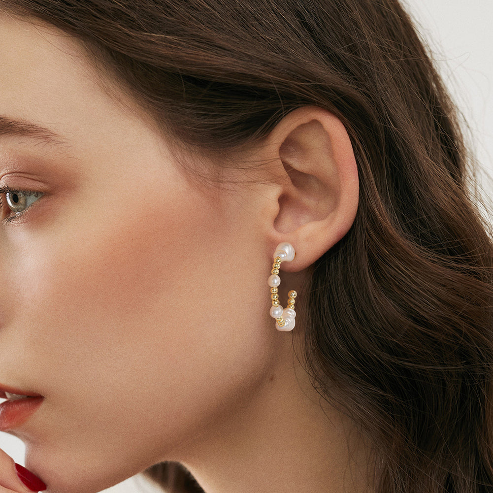 Cultured Freashwater Pear 14K Gold Plated 925 Sterling Silver Round beads With Pearls Earrings