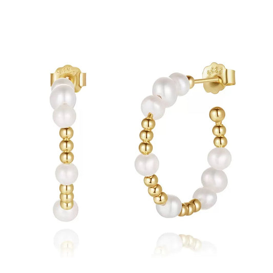 Cultured Freashwater Pear 14K Gold Plated 925 Sterling Silver Round beads With Pearls Earrings