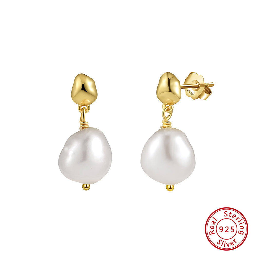 Cultured Freshwater Pearl 14K Gold Plated 925 Sterling Silver Irregular Baroque Earrings