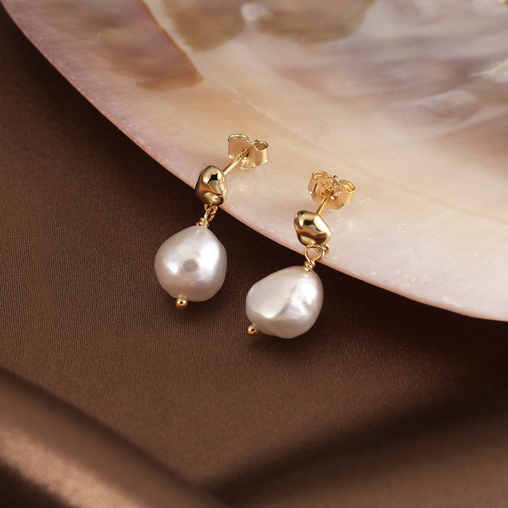 Cultured Freshwater Pearl 14K Gold Plated 925 Sterling Silver Irregular Baroque Earrings