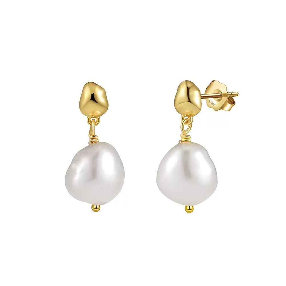 Cultured Freshwater Pearl 14K Gold Plated 925 Sterling Silver Irregular Baroque Earrings