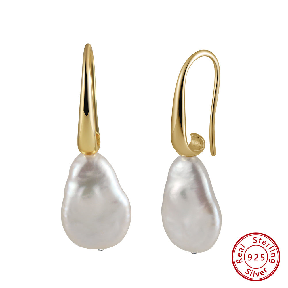 Cultured Freshwater Pearl 925 Sterling Silver 14K Gold Plated Baroque Shaped Earrings
