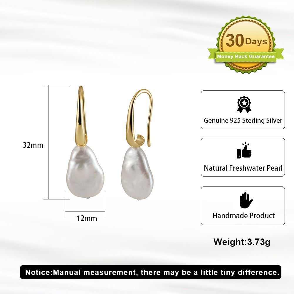 Cultured Freshwater Pearl 925 Sterling Silver 14K Gold Plated Baroque Shaped Earrings