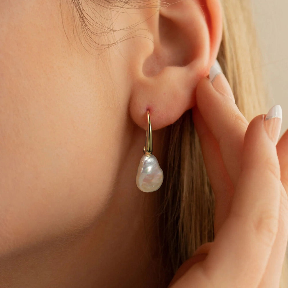 Cultured Freshwater Pearl 925 Sterling Silver 14K Gold Plated Baroque Shaped Earrings