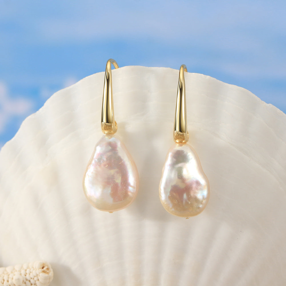 Cultured Freshwater Pearl 925 Sterling Silver 14K Gold Plated Baroque Shaped Earrings