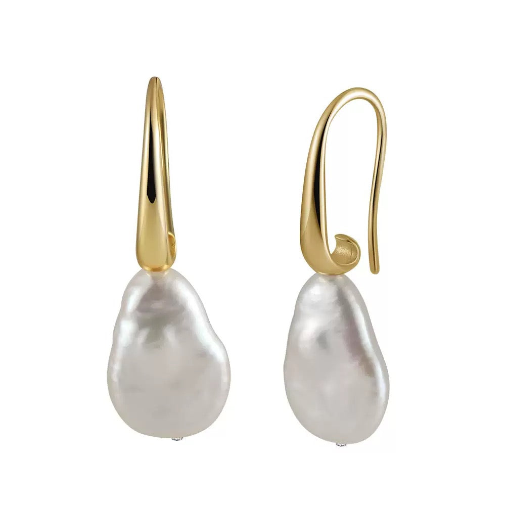 Cultured Freshwater Pearl 925 Sterling Silver 14K Gold Plated Baroque Shaped Earrings