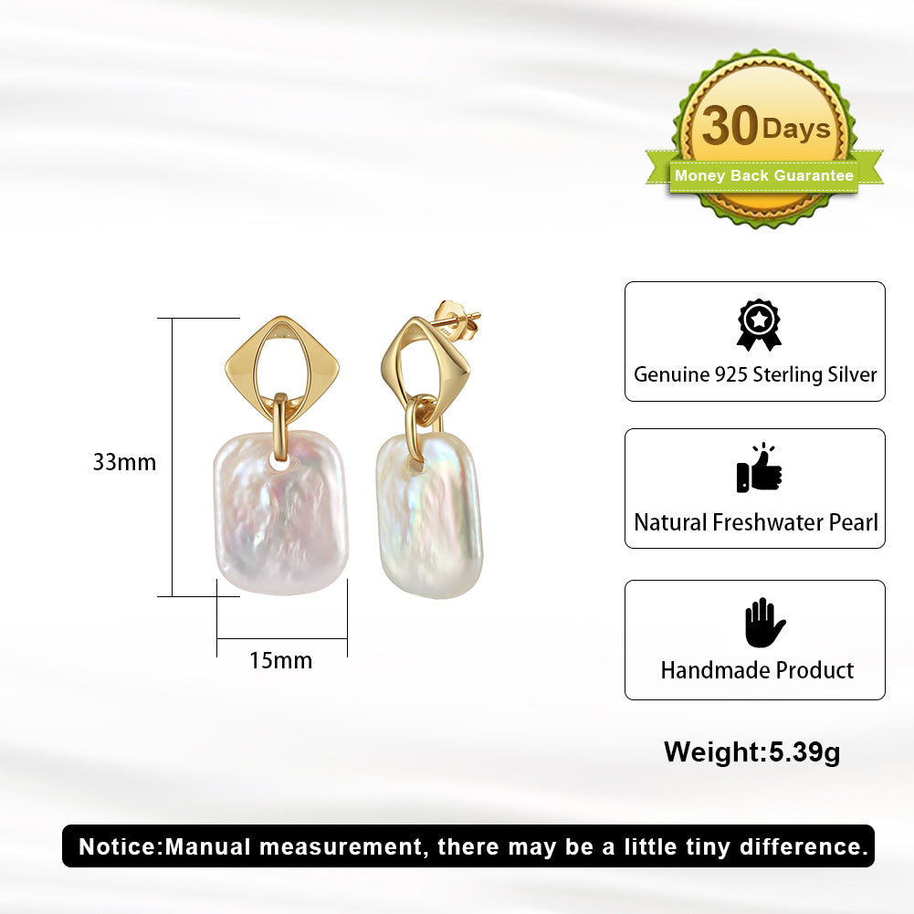 Cultured Freshwater Pearl 14K Gold Plated 925 Sterling Silver Square Baroque Earrings
