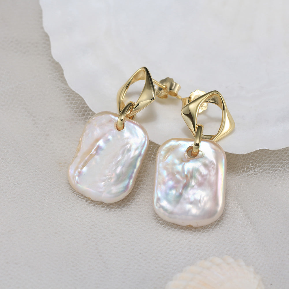 Cultured Freshwater Pearl 14K Gold Plated 925 Sterling Silver Square Baroque Earrings