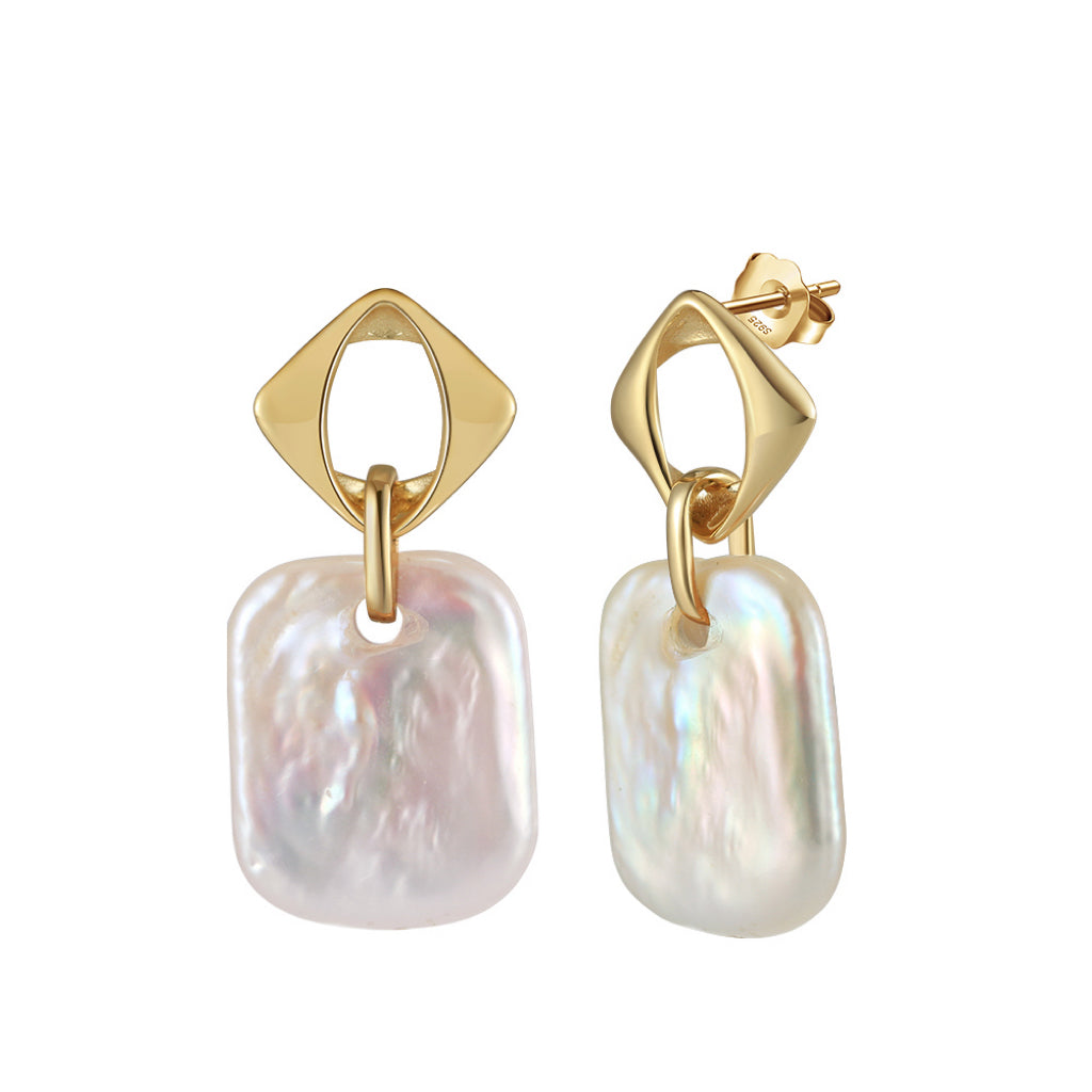 Cultured Freshwater Pearl 14K Gold Plated 925 Sterling Silver Square Baroque Earrings