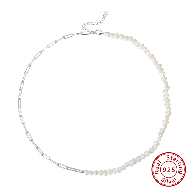Cultured Freashwater Pearl 14K Gold Plated 925 Sterling Silver Vintage Paper Clip Necklace
