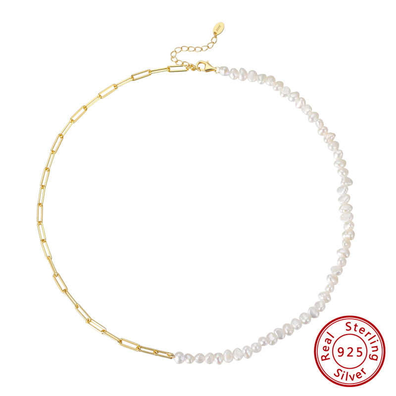 Cultured Freashwater Pearl 14K Gold Plated 925 Sterling Silver Vintage Paper Clip Necklace