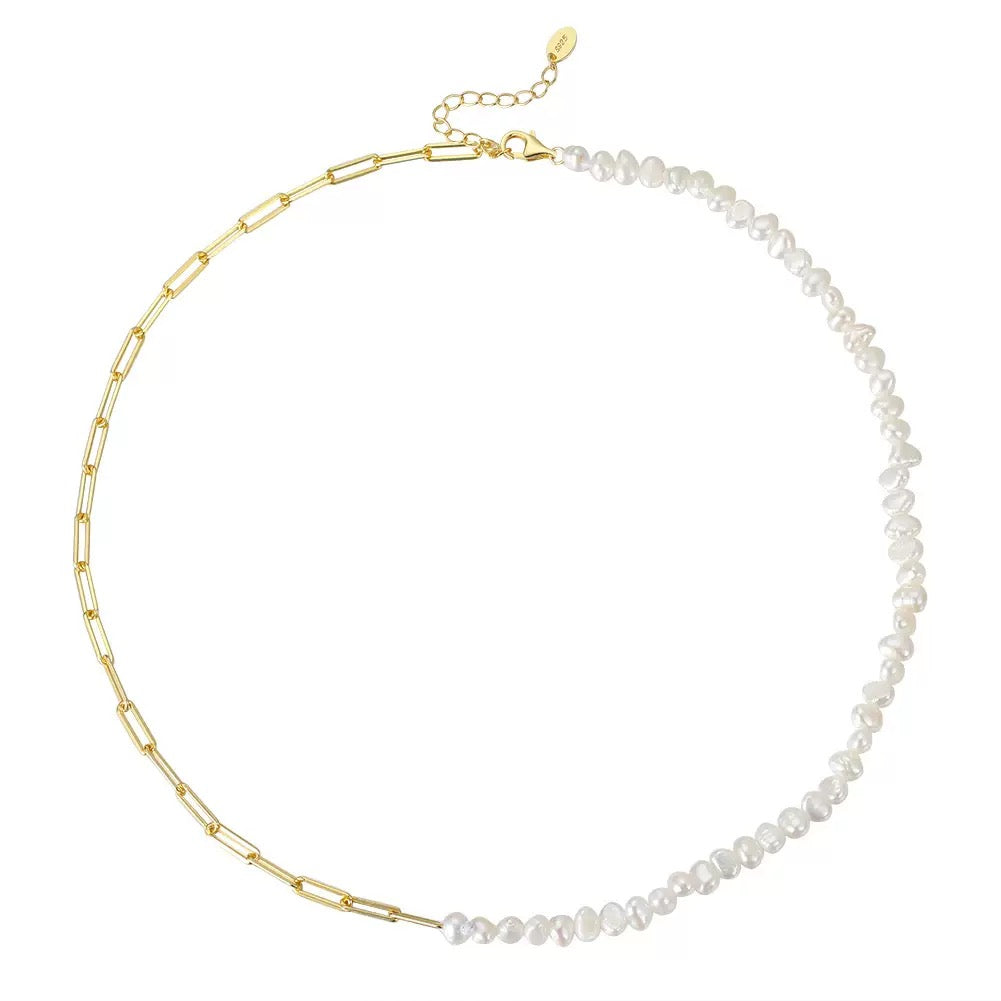 Cultured Freashwater Pearl 14K Gold Plated 925 Sterling Silver Vintage Paper Clip Necklace