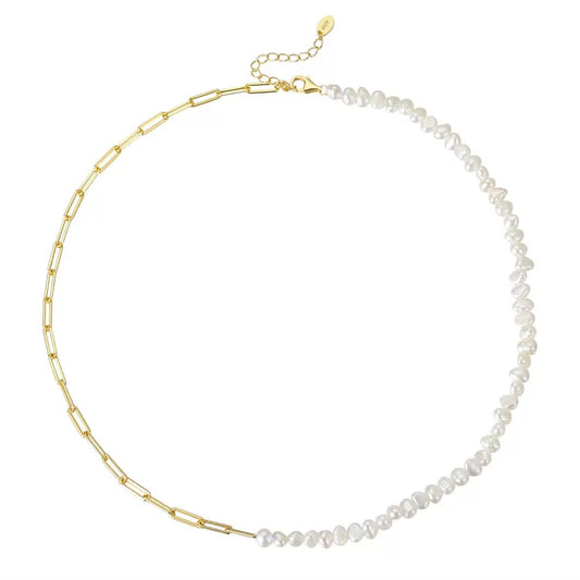 Cultured Freashwater Pearl 14K Gold Plated 925 Sterling Silver Vintage Paper Clip Necklace