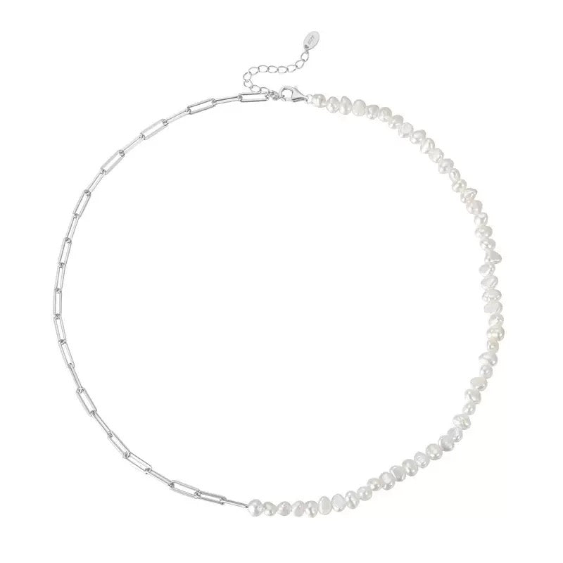 Cultured Freashwater Pearl 14K Gold Plated 925 Sterling Silver Vintage Paper Clip Necklace