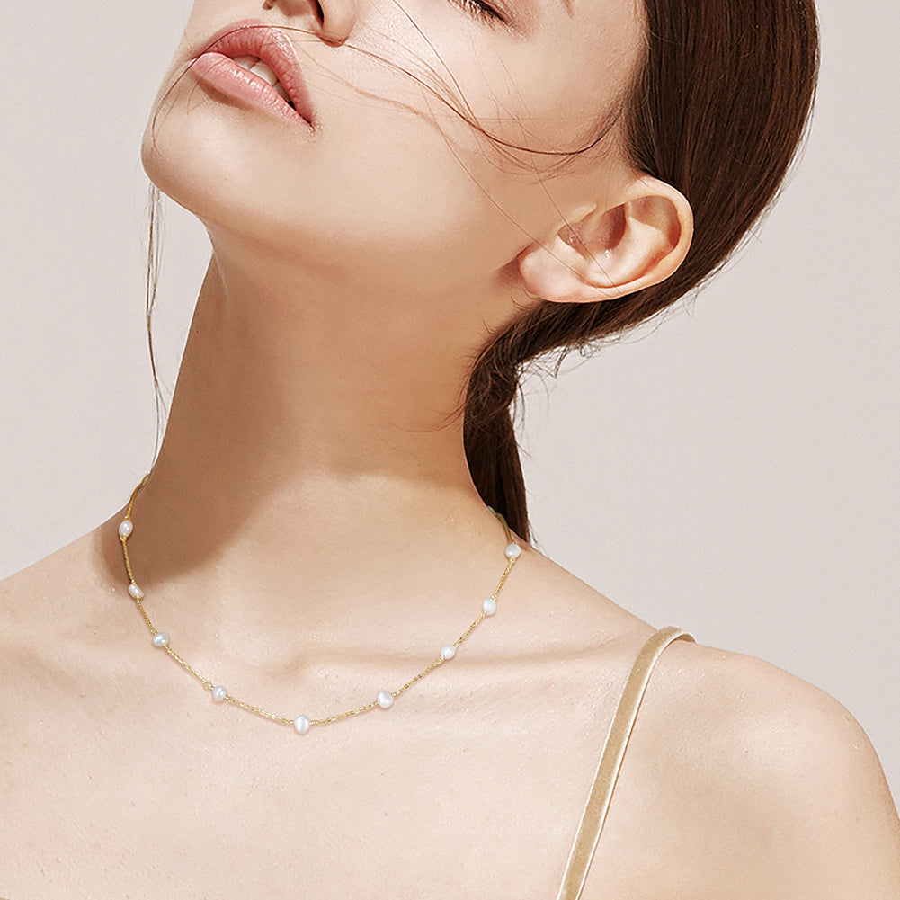 Cultured Freashwater Pearl 14K Gold Plated 925 Sterling Silver White Pearl Necklace