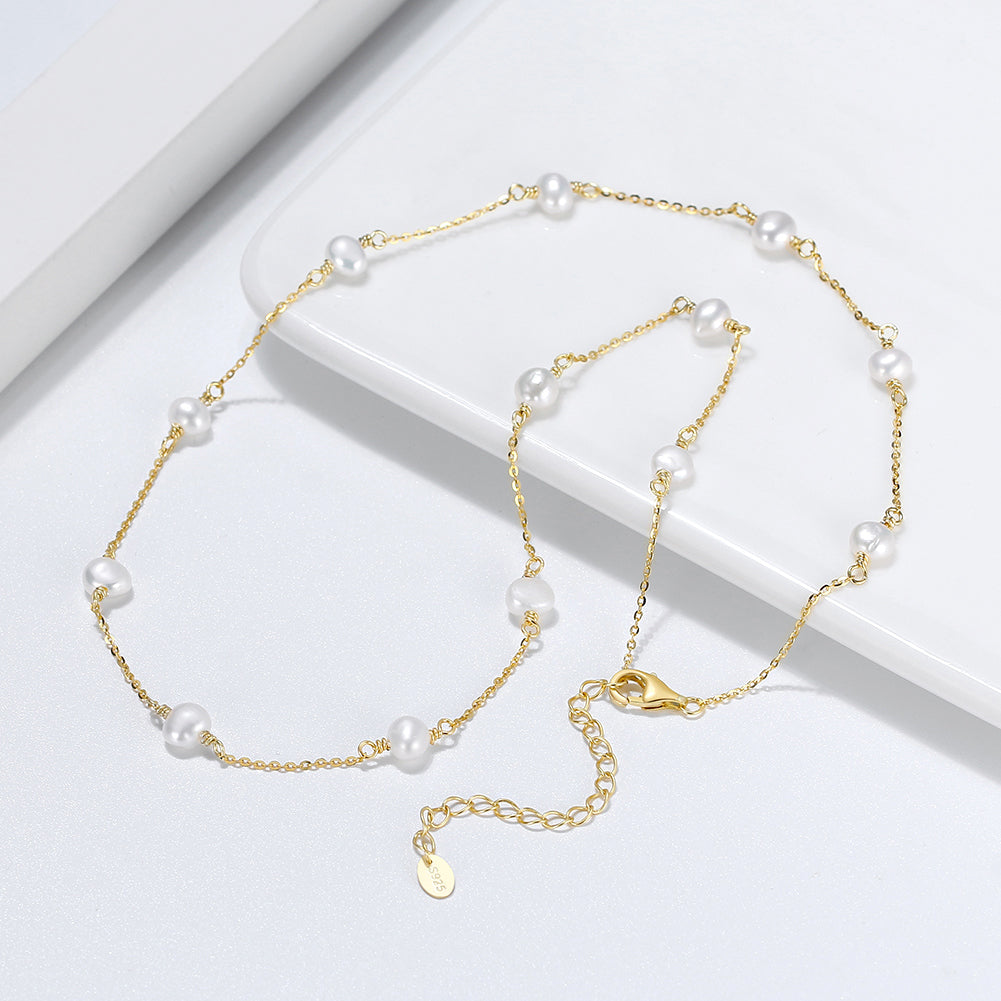 Cultured Freashwater Pearl 14K Gold Plated 925 Sterling Silver White Pearl Necklace