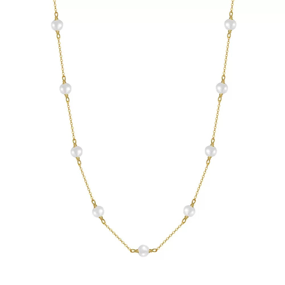 Cultured Freashwater Pearl 14K Gold Plated 925 Sterling Silver White Pearl Necklace