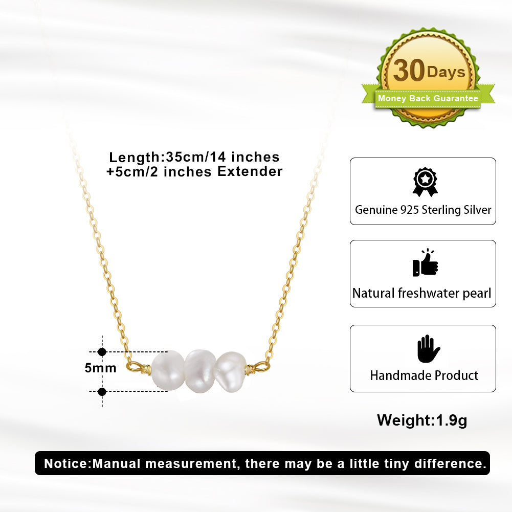 Cultured Freshwater Pearl 14K Gold Plated 925 Sterling Silver Three Pearl Necklace