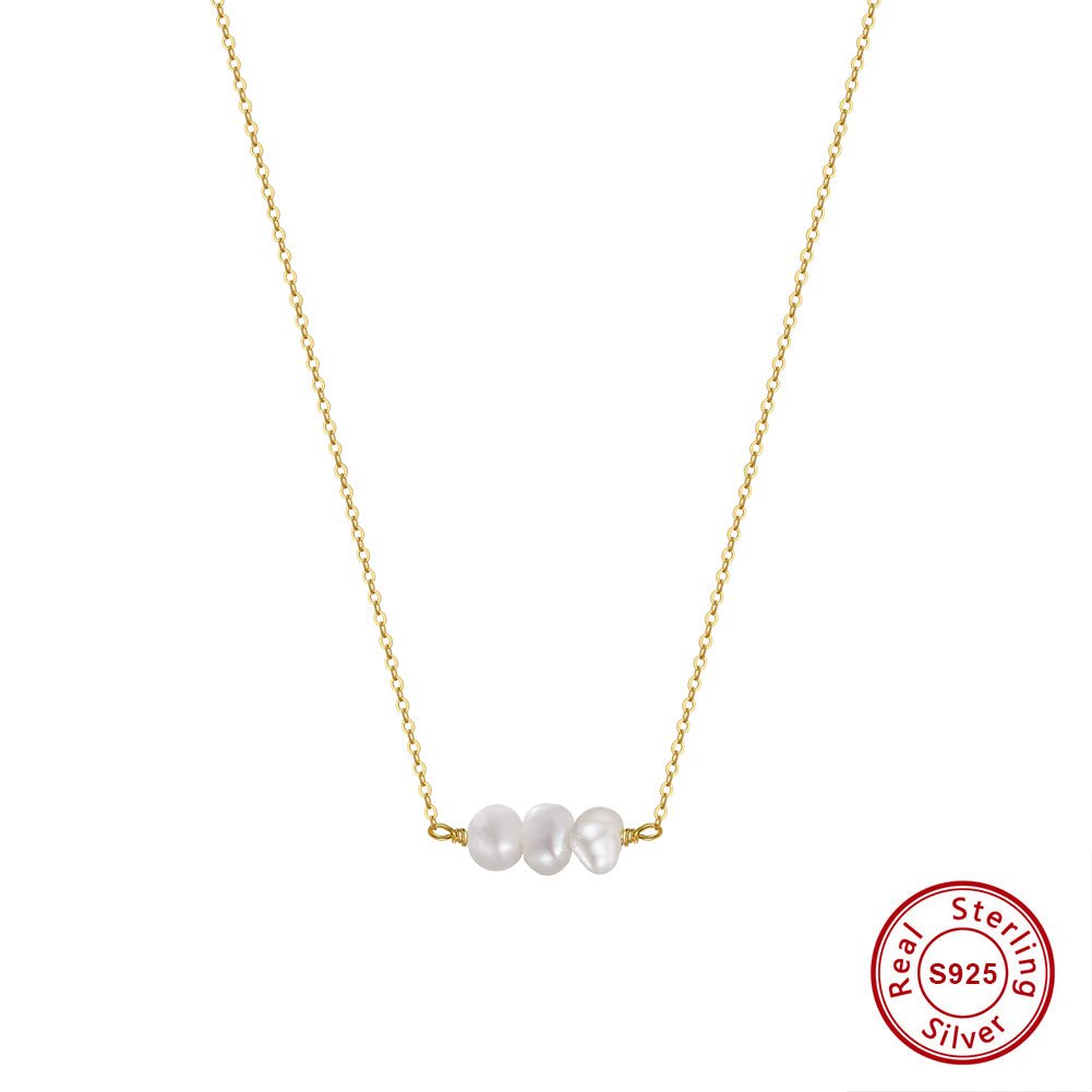 Cultured Freshwater Pearl 14K Gold Plated 925 Sterling Silver Three Pearl Necklace
