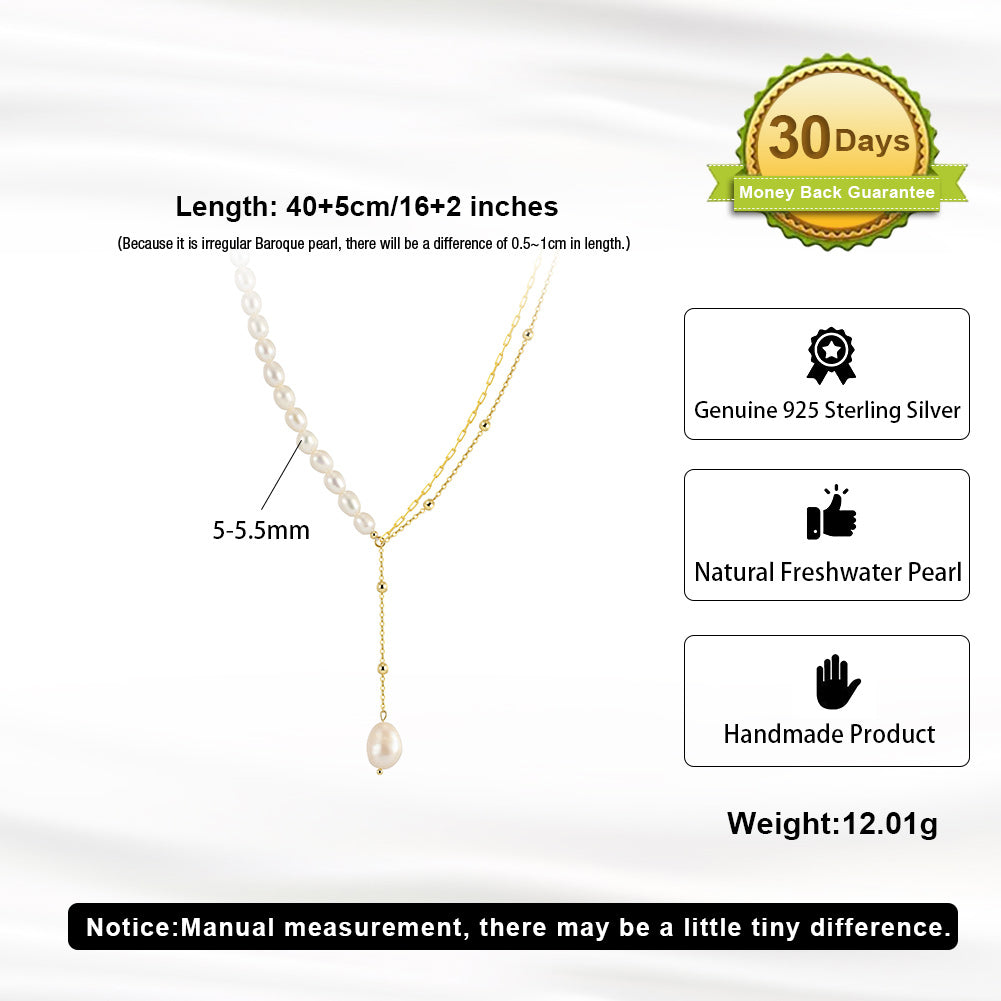 Cultured Freshwater Pearl 925 Sterling Silver 14K Gold Plated French Vintage Double-layer Necklace