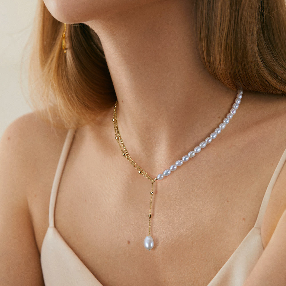 Cultured Freshwater Pearl 925 Sterling Silver 14K Gold Plated French Vintage Double-layer Necklace