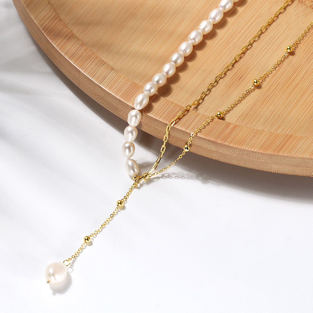 Cultured Freshwater Pearl 925 Sterling Silver 14K Gold Plated French Vintage Double-layer Necklace