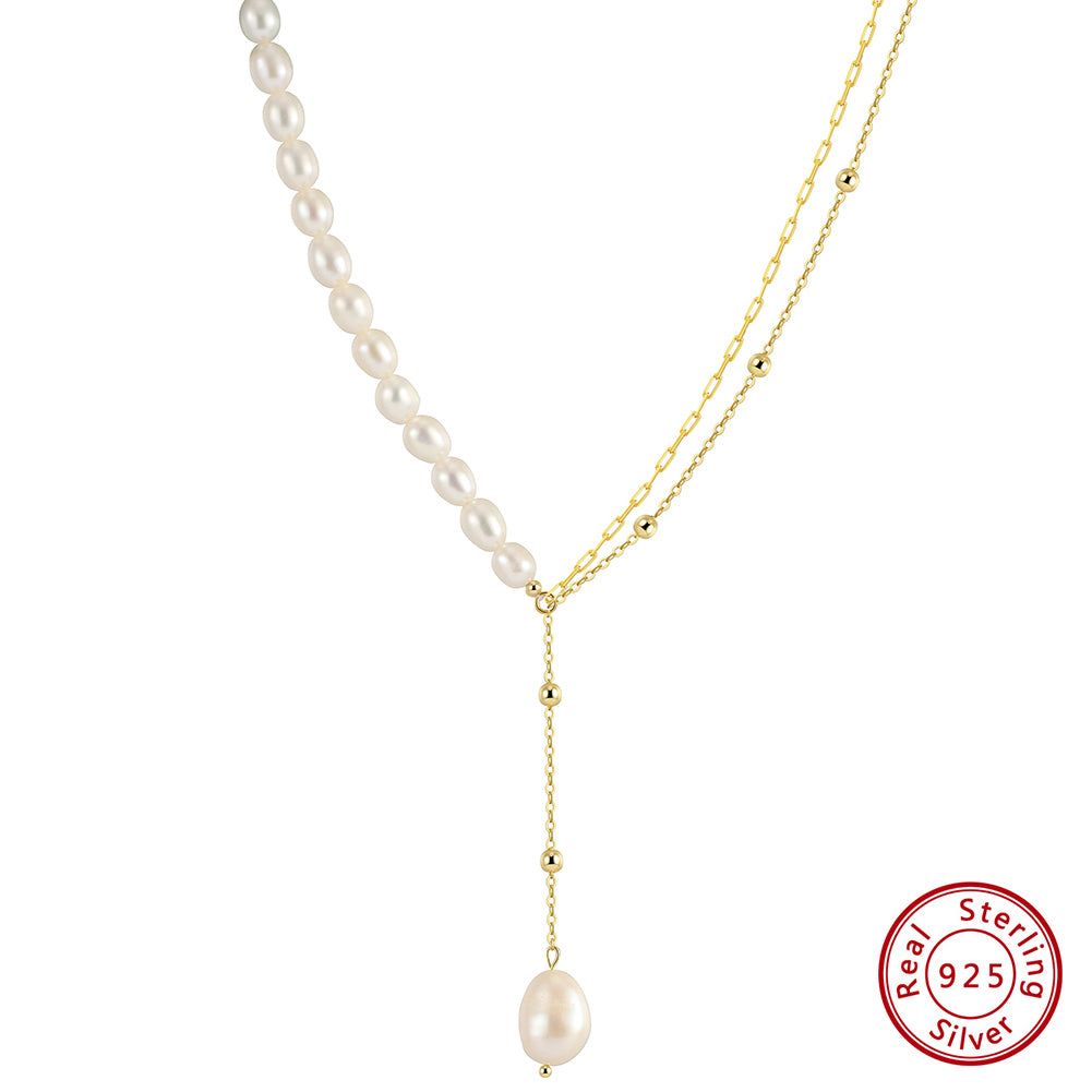 Cultured Freshwater Pearl 925 Sterling Silver 14K Gold Plated French Vintage Double-layer Necklace