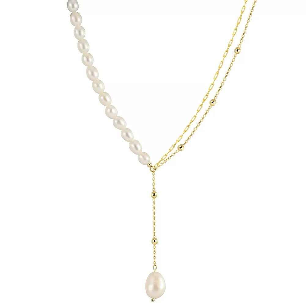 Cultured Freshwater Pearl 925 Sterling Silver 14K Gold Plated French Vintage Double-layer Necklace