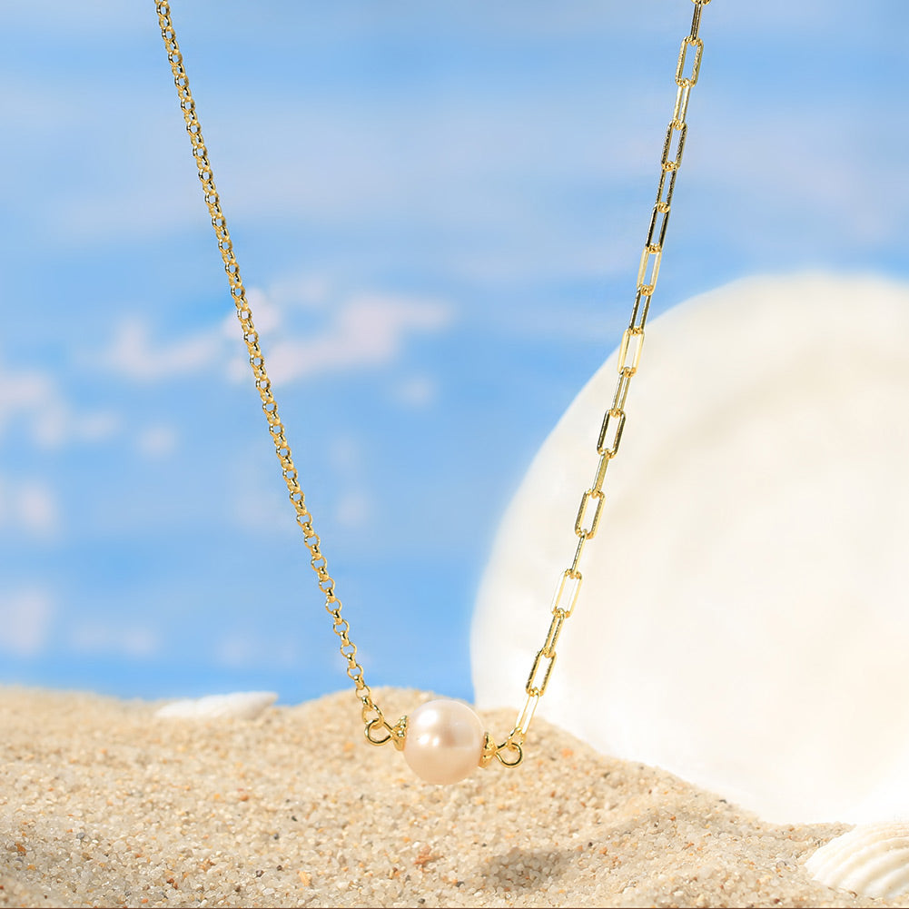 Cultured Freshwater Pearl 14K Gold Plated 925 Sterling Silver Paperclip Necklace