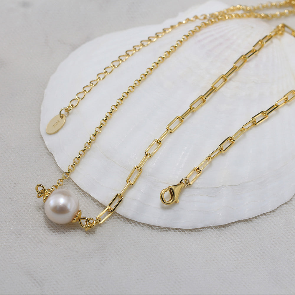 Cultured Freshwater Pearl 14K Gold Plated 925 Sterling Silver Paperclip Necklace