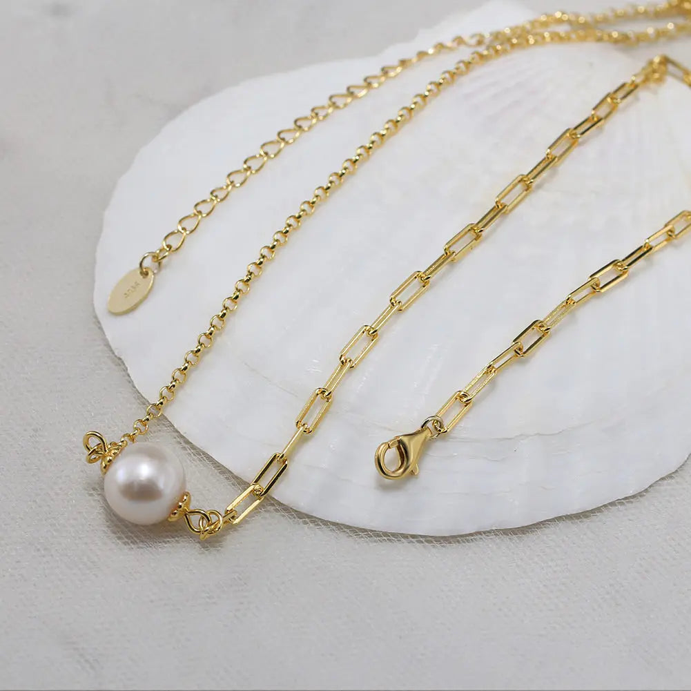 Cultured Freshwater Pearl 14K Gold Plated 925 Sterling Silver Paperclip Necklace Bracelet Set