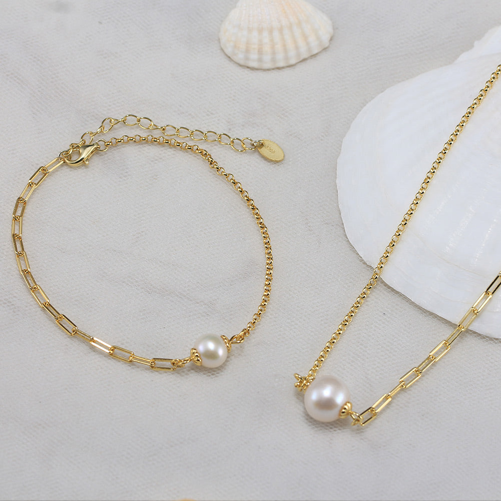Cultured Freshwater Pearl 14K Gold Plated 925 Sterling Silver Paperclip Necklace