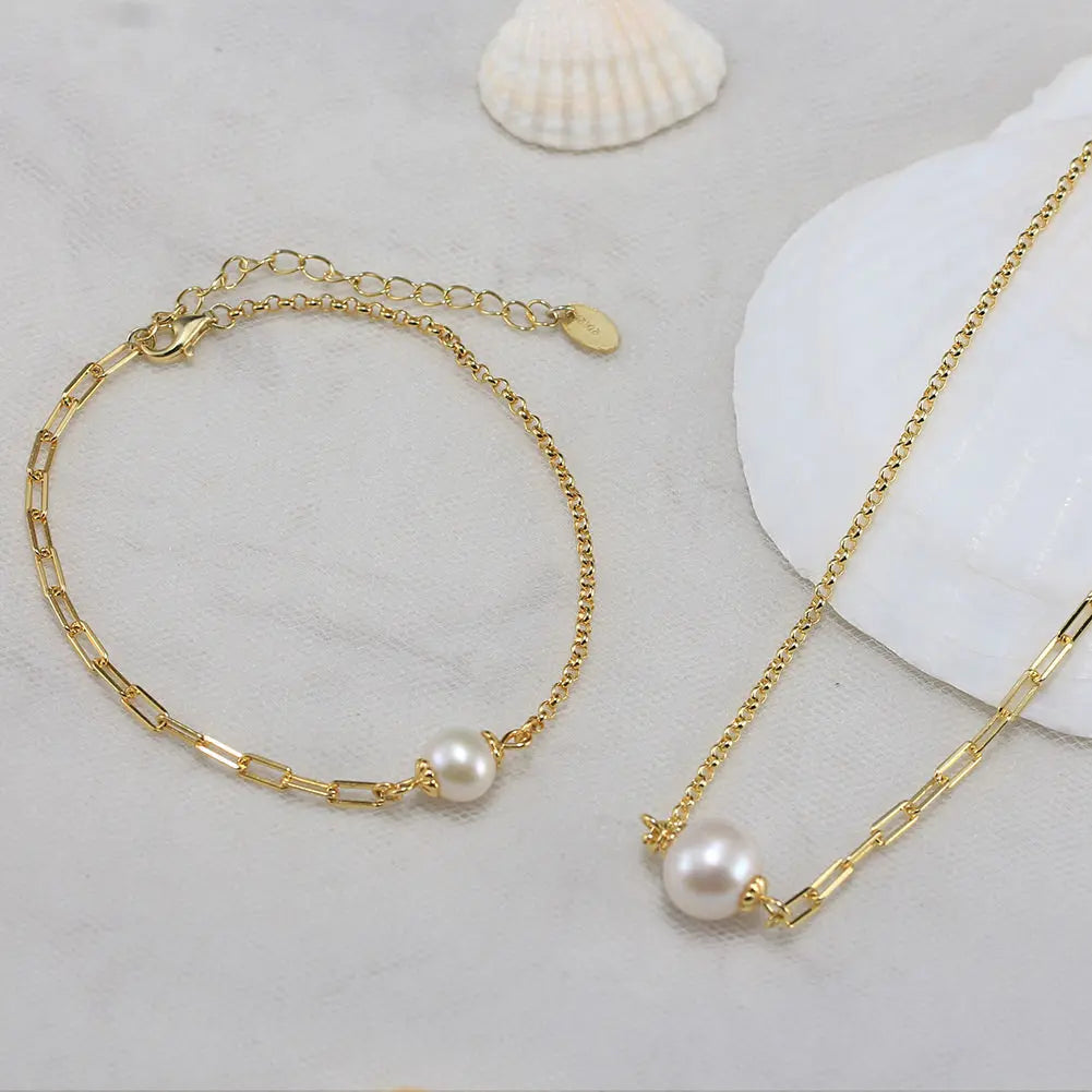 Cultured Freshwater Pearl 14K Gold Plated 925 Sterling Silver Paperclip Necklace Bracelet Set