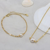 Cultured Freshwater Pearl 14K Gold Plated 925 Sterling Silver Paperclip Necklace Bracelet Set