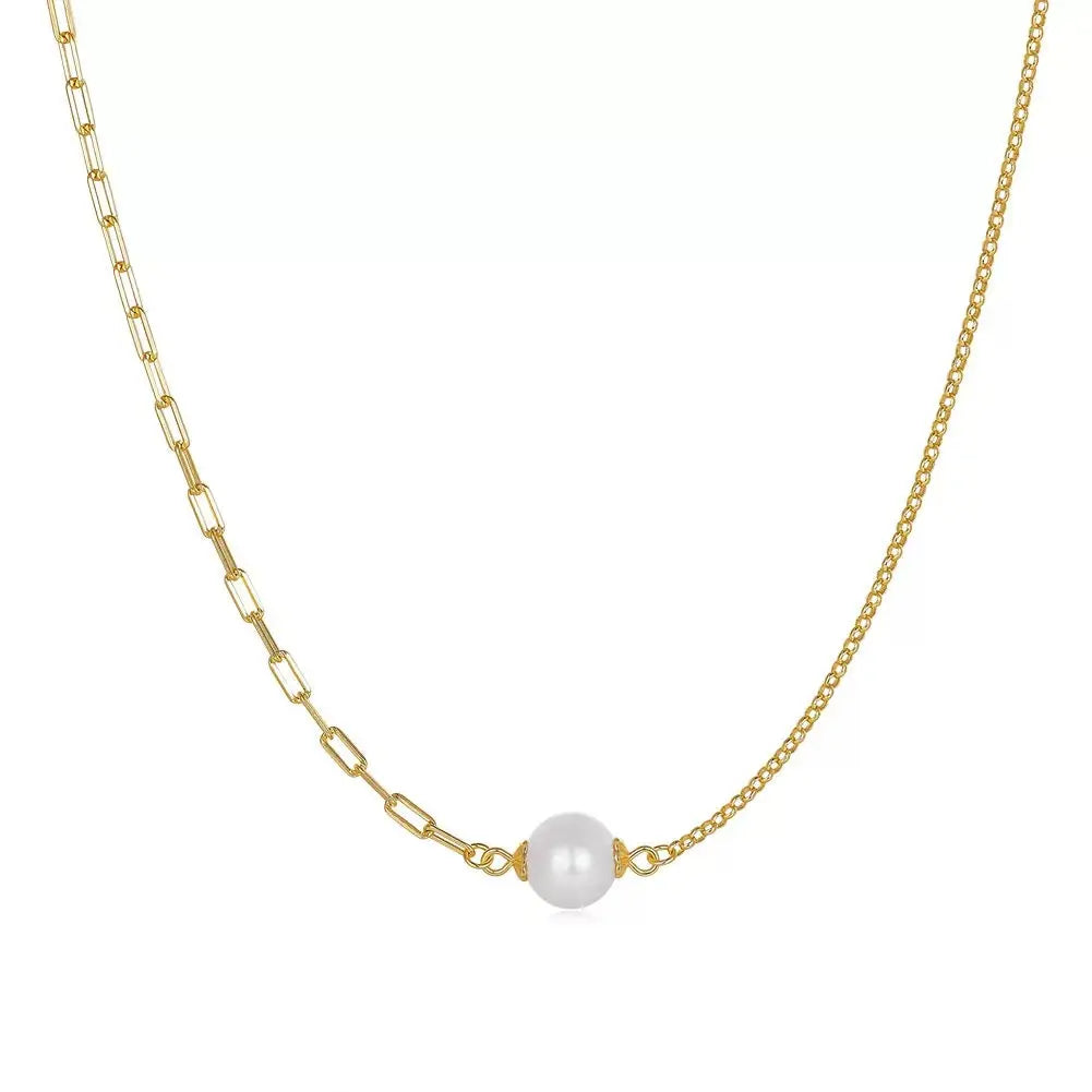 Cultured Freshwater Pearl 14K Gold Plated 925 Sterling Silver Paperclip Necklace Bracelet Set