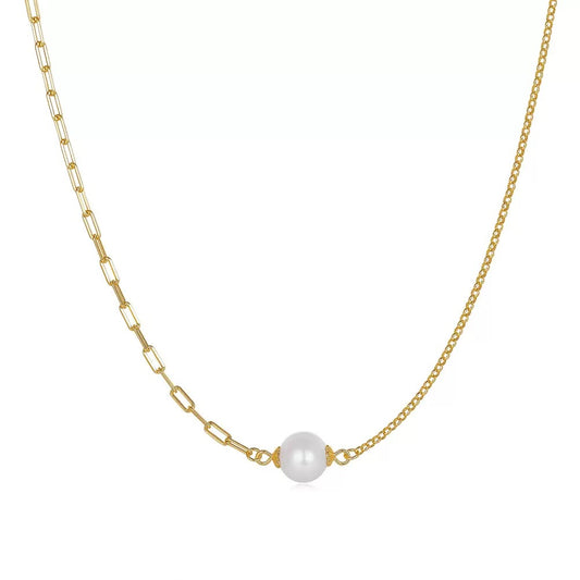 Cultured Freshwater Pearl 14K Gold Plated 925 Sterling Silver Paperclip Necklace