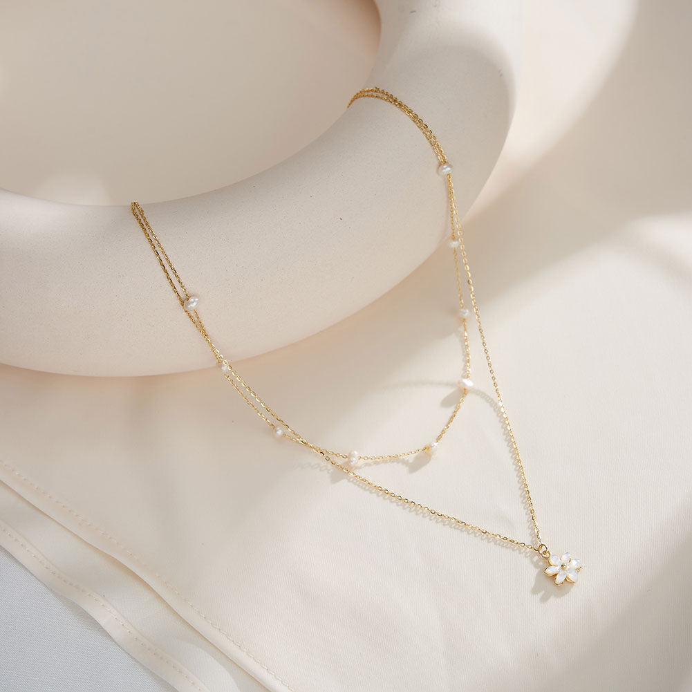 Cultured Freshwater Pearl 14K Gold Plated 925 Sterling Silver Flower Double Necklace