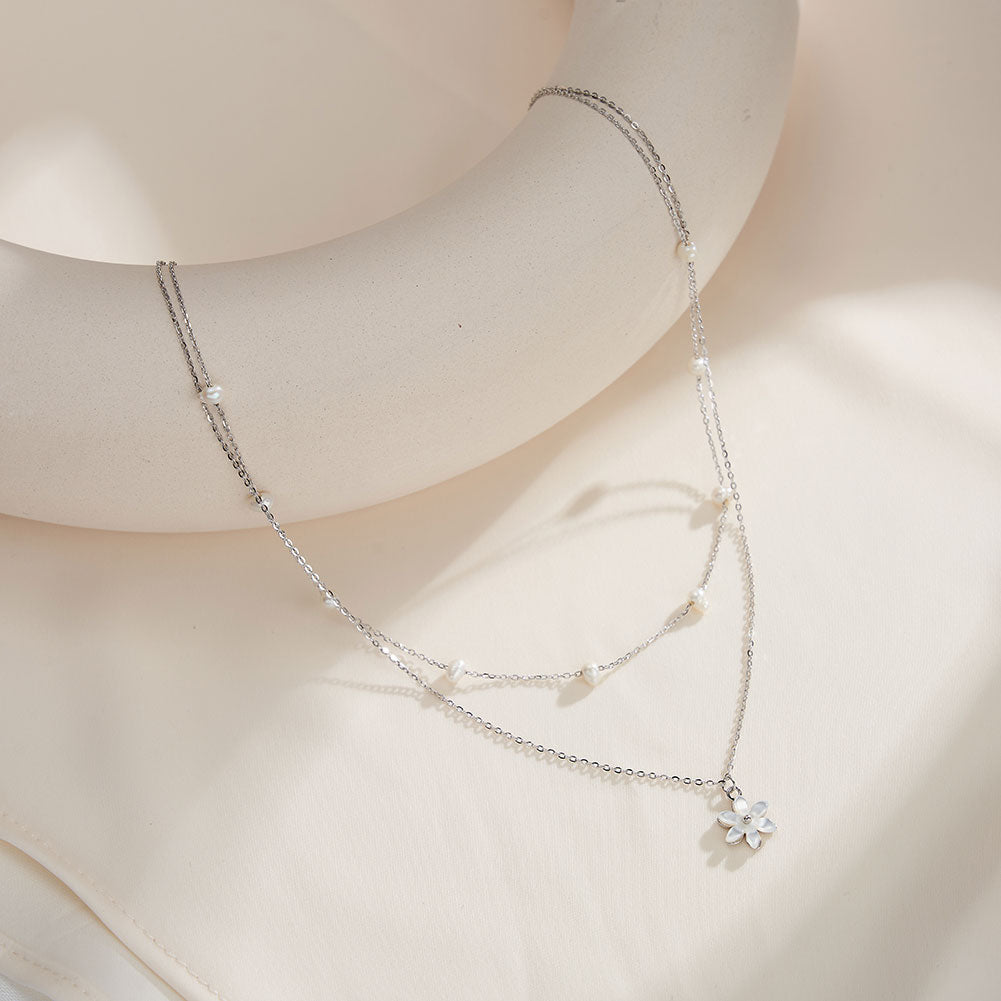 Cultured Freshwater Pearl 14K Gold Plated 925 Sterling Silver Flower Double Necklace