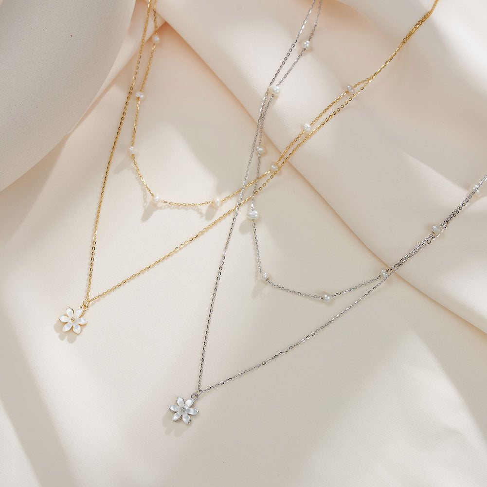 Cultured Freshwater Pearl 14K Gold Plated 925 Sterling Silver Flower Double Necklace