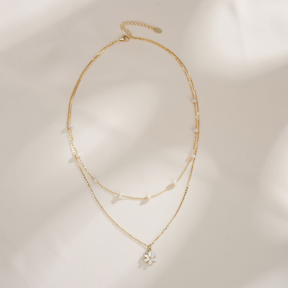 Cultured Freshwater Pearl 14K Gold Plated 925 Sterling Silver Flower Double Necklace