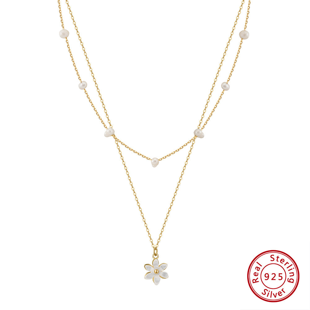 Cultured Freshwater Pearl 14K Gold Plated 925 Sterling Silver Flower Double Necklace