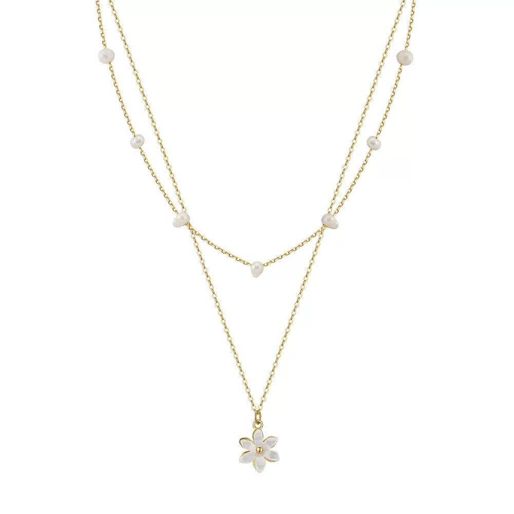 Cultured Freshwater Pearl 14K Gold Plated 925 Sterling Silver Flower Double Necklace