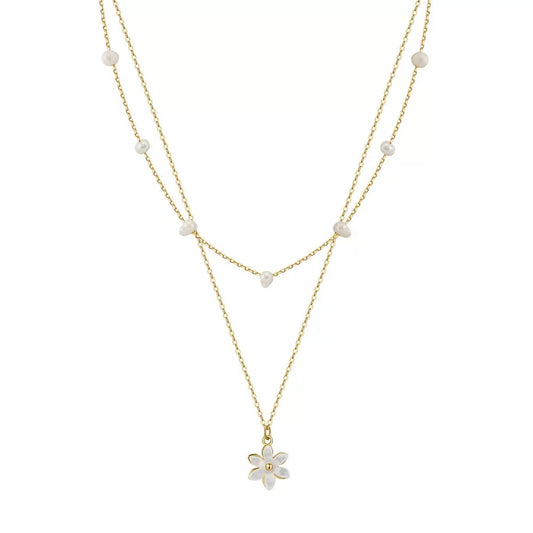 Cultured Freashwater Pearl 14K Gold Plated 925 Sterling Silver Flower Double Necklace