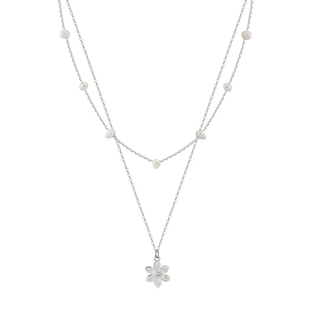 Cultured Freshwater Pearl 14K Gold Plated 925 Sterling Silver Flower Double Necklace